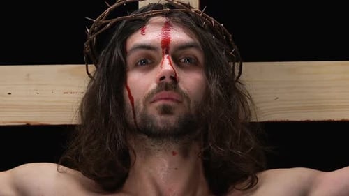 Jesus Christ With Bleeding Face Looking at Camera, Crucifixion on Cross, Sins