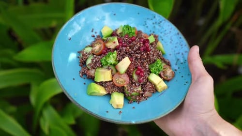 Top View of Hand Holding a Blue Plate with Healthy Warm Vegan Quinoa Salad with Avocado Cherry