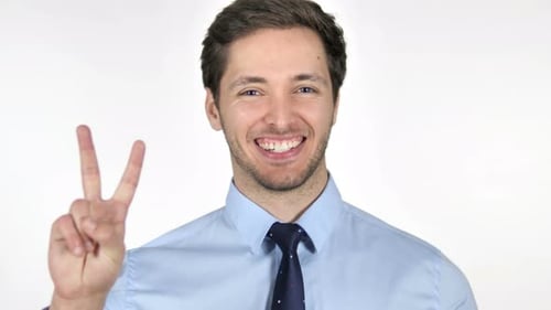 Smiling Man Holding Peace Sign Close Up