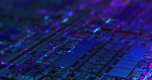 Futuristic Digital Microchip with Glowing Blue and Purple Data Flow