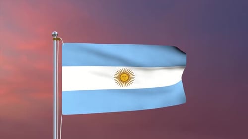 Argentina Flag Waving on Pole Against Sunset Sky