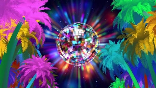 Vibrant Disco Ball with Neon Palm Trees Looping Background
