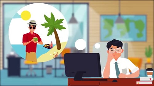 Office Worker Dreams of Beach Vacation Flat Design Animation