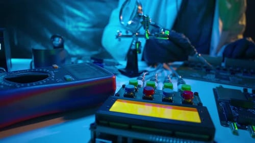 Technician Soldering Circuit Board in Futuristic Laboratory