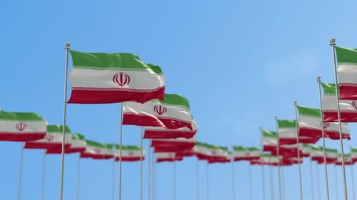Waving Iranian Flags in Clear Blue Sky