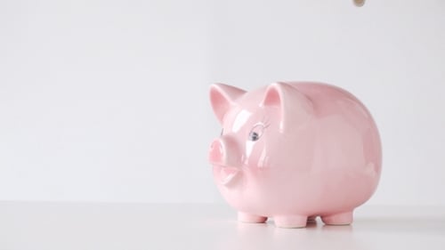 Hand With Euro Coins And Piggy Bank