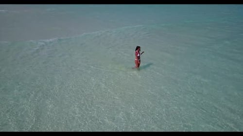Lady alone suntans on paradise sea view beach trip by clear sea with white sand background of the Ma