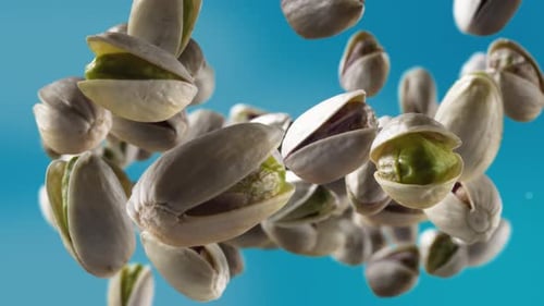 Close-up Floating Pistachios on a Blue Background