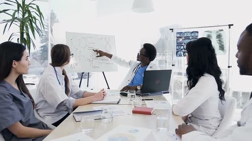 Medical Team Discussing Science in Workplace Meeting