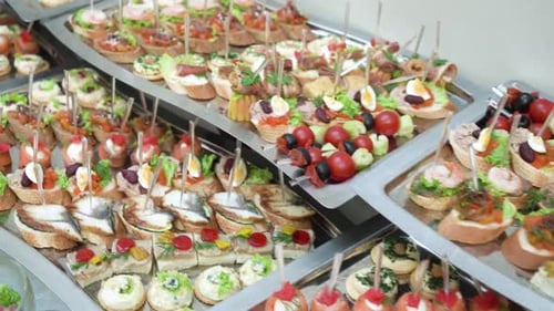 Catering banquet table with snack in restaurant or hotel. Catering service, food set