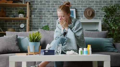 Woman with Cold Blowing Nose on Couch
