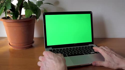 A man navigate in internet with the laptop. Green screen.