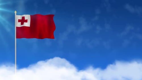 Realistic Tonga Flag Waving in Blue Sky with Moving Clouds