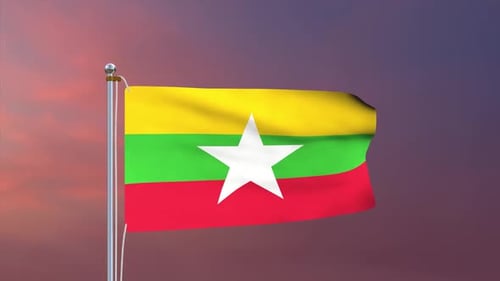 Waving Myanmar Flag at Sunset with Realistic Cloth Simulation