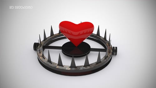 3D Red Heart Rotating in a Metal Bear Trap