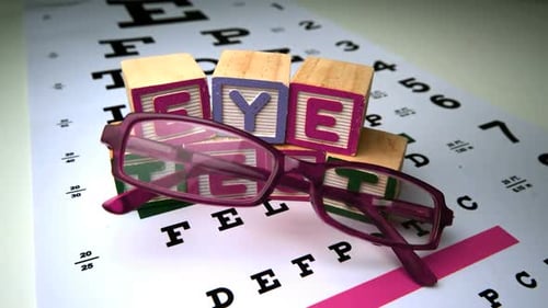 Gafas rosas cayendo junto a bloques deletreando la prueba ocular