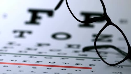 Glasses Placed on Blurred Eye Chart Close Up
