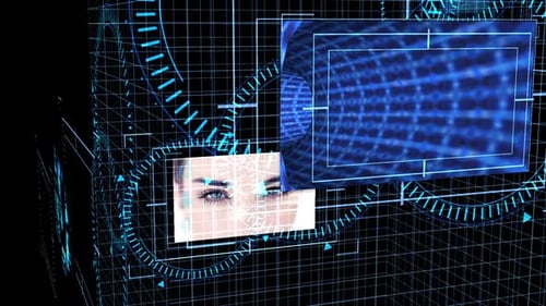 Futuristische Animation zeigt Bildschirme mit Computerszenen