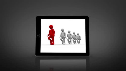 White And Red Characters Walking Displayed On Digital Tablet