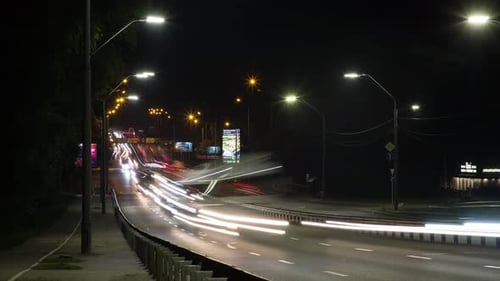 Night Lights Of Headlights Of Cars In The City, Big Road Time Lapse