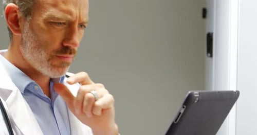Focused Doctor Using Tablet in Medical Setting