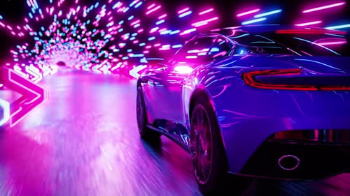 La voiture de sport se précipite sur la route de nuit. Vue arrière. Animation en boucle infinie.