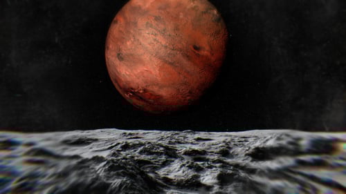 Red Planet Rising Over Rocky Lunar Surface