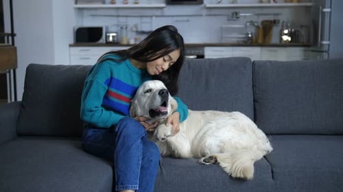 Young Woman P Petting Golden Retriever on Couch