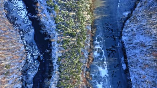 Kalter Wald und gefrorener Fluss im Winter.