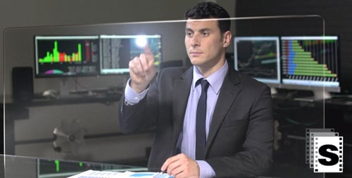 Businessman Working With Big Screen