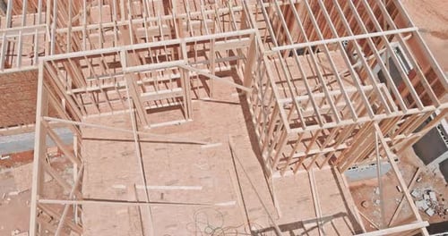 Large Wooden Beams Timber Frame Interior View of a House Under Construction