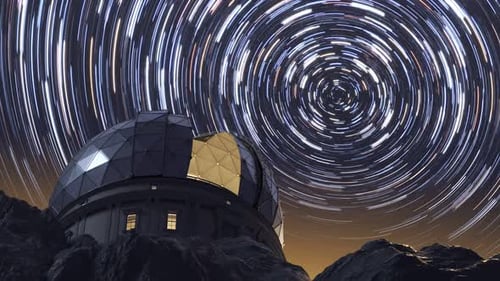 Modern observatory on a hill watching stars in slow shutter timelapse. 4KHD