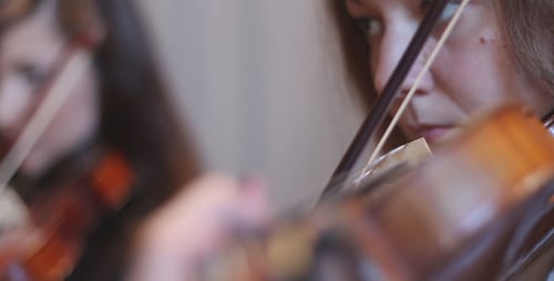 Women Musicians Playing Violins in Orchestra Performance