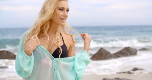 Pretty Blond Woman Wearing Light Mint Beachwear