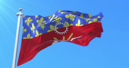 Realistic Waving Flag with Fleur-de-Lis, Gear, and Wheat Symbols