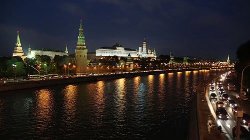 Moscow Kremlin And Ship On River At Night - Russia