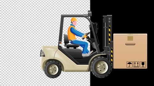 Animated Forklift with Worker Lifting Cardboard Box Alpha Channel