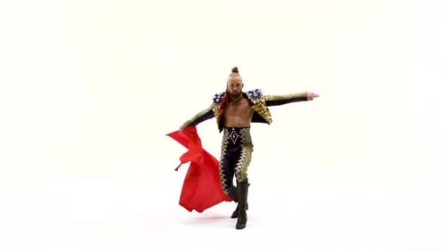 Torero in Blue and Gold Suit or Typical Spanish Bullfighter Isolated Over White Studio Background