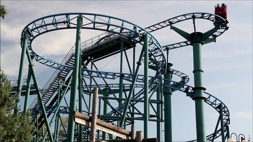 Red Roller Coaster Moving Upwards Afternoon