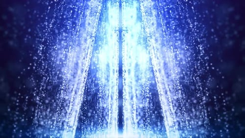 Vorhang mit glänzenden blauen Partikeln und heller Lichtschlaufe