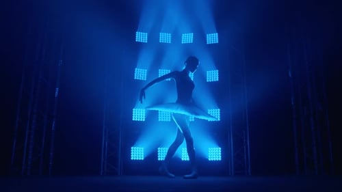 Elegant Woman Ballerina Dancing in Blue Light Studio