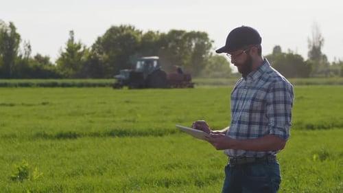 Farmer Works on the Field, Use a Digital Tablet