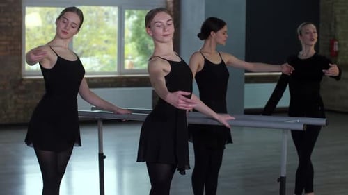 Women Practicing Ballet Poses at the Barre