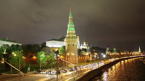 Moscow Kremlin And Ships On River At Night