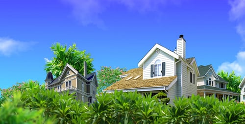 Seamless Neighborhood Pan with Houses and Lush Greenery