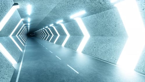 Long tunnel futuriste avec des voitures volantes