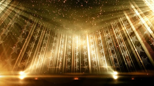 Golden Stage Background with Glittering Stars and Light Rays
