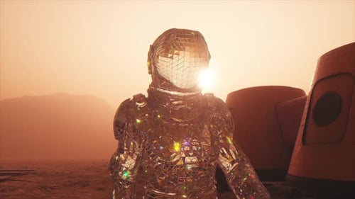 Shimmering Disco Ball Astronaut on Red Planet