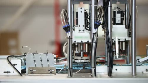 Industrielle Herstellung von Masken - eine Maschine, die Ohrschlaufen an Masken befestigt