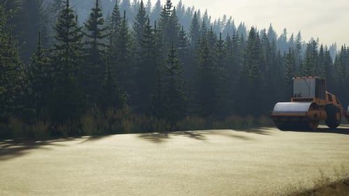 Four yellow road rollers paving the asphalt road in the coniferous forest.